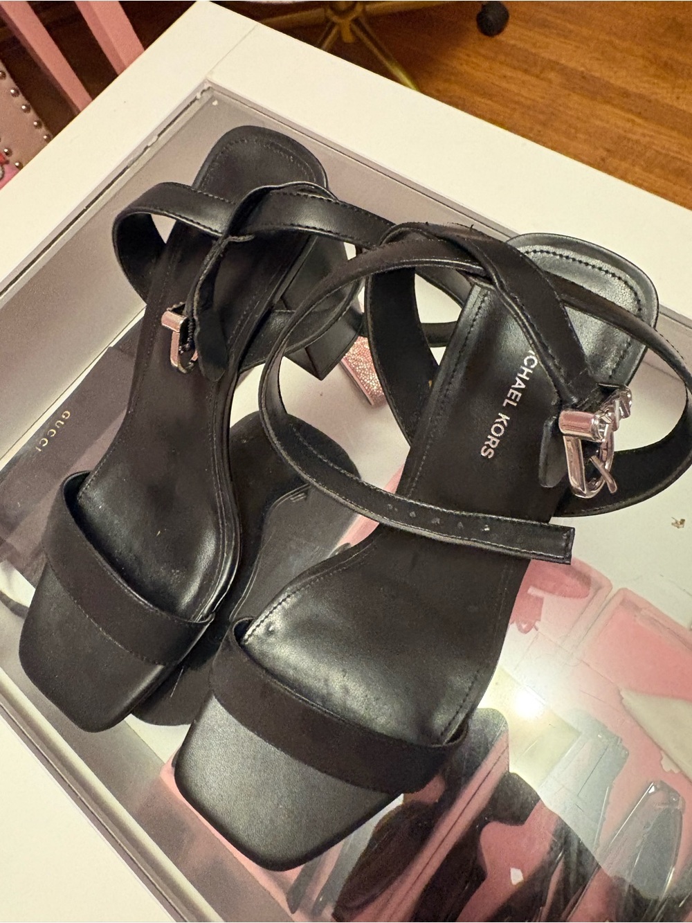 Michael Kors Black Ankle Strap Block Heel Sandals